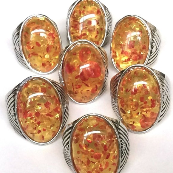 Silver Honey Amber Cocktail Ring Size 7 8 10 Yellow Orange Simulated Oval Cut - Picture 7 of 10